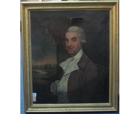 BRITISH SCHOOL (19TH CENTURY), portrait of a bewigged gentleman with landscape through window, 'possibly John Walker 1785', w