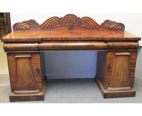 WILLIAM IV MAHOGANY TWIN PEDESTAL SIDEBOARD, having scrolled and moulded arched back over three cushion moulded frieze drawer