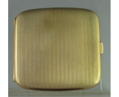 A 9CT GOLD SQUARE CIGAR CASE. The case hinged with rounded corners and all over engine turned decoration. Maker S & Co, Londo