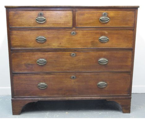 LATE GEORGIAN MAHOGANY STRAIGHT FRONTED CHEST of two short and three long graduated drawers, moulded edged top with satinwood
