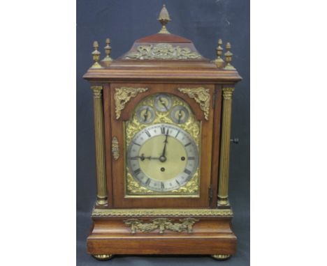 LATE 19TH/EARLY 20TH CENTURY MAHOGANY THREE TRAIN GEORGIAN STYLE BRACKET CLOCK, having stepped pediment with applied gilt met