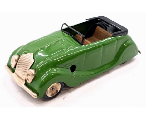 Triang Minic Post War Streamline Sports 14M, tinplate, clockwork, green, wooden seat, repainted to windscreen and tonneau, li