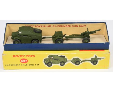 Dinky Toys 697 25pdr Field Gun Set - Artillery Tractor, Trailer and 25pdr Field Gun, military green bodies, ridged hubs and t