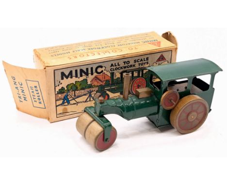 Triang Minic Pre War Steam Roller 33M, tinplate, clockwork (with key), wooden wheels, touch ups to paint otherwise Good Plus,