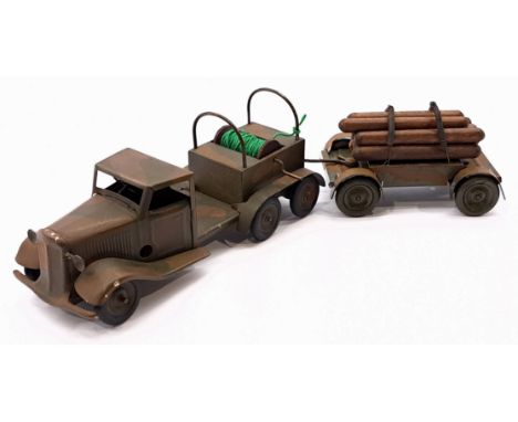 Triang Minic Pre War Army Lorry and Trailer 76M, tinplate, clockwork, green/brown camouflage livery, light age related wear o