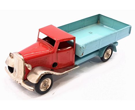 Triang Minic Post War Delivery Lorry 10M, tinplate, clockwork, red cab, light blue body, some scuff and chips to paint otherw