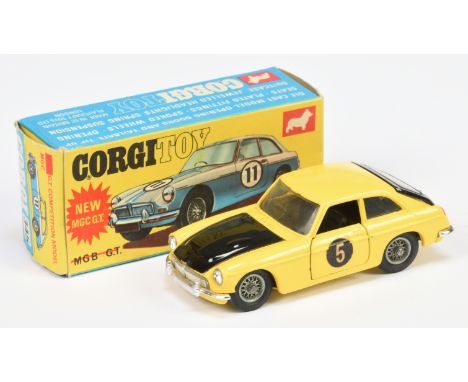 Corgi Toys 345 MGC GT "Competition Model" - yellow, black interior, bonnet and hatchback, wire wheels, NO luggage case, racin