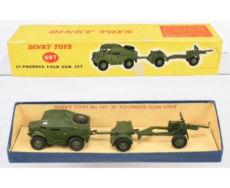 Dinky Toys 697 25pdr Field Gun Set - Artillery Tractor, Trailer and 25pdr Field Gun, military green bodies, Supertoy hubs and