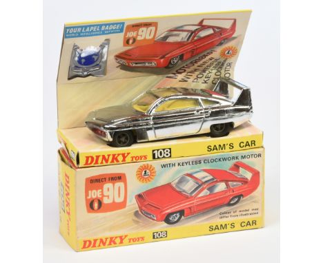 Dinky Toys 108 "Joe 90" Sam's Car - Chrome plated body, yellow interior, red engine cover, cast hubs. Condition is generally 