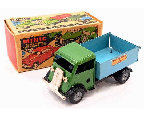 Triang Minic Post War Tipper 86M, tinplate, clockwork, green cab, light blue body, within Good box, Good Plus to Excellent.