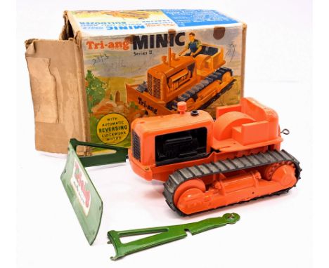 Triang Minic Series II Tractor with Bulldozer, plastic tractor, tinplate scoop (has come away from body), MISSING chimney, wi