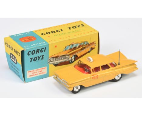 Corgi Toys 221 Chevrolet Impala "New York Taxi" - yellow body, red interior, roof box aerial, silver trim and side flashes, s