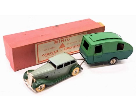 Triang Minic Pre War Caravan and Limousine 38M, tinplate, clockwork, light and dark green Limousine, two tone green caravan, 