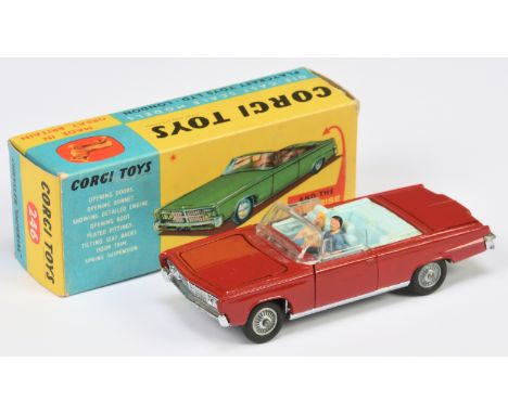 Corgi Toys 246 Chrysler Imperial - red body, pale blue interior with 2x figures, chrome trim, cast hubs, golf trolley. Condit