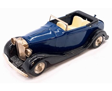 Triang Minic Post War Bentley Tourer 39M, tinplate, clockwork, dark blue, black running boards, repainting to body and some l