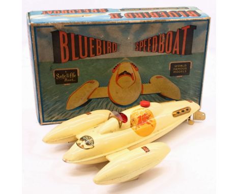 Sutcliffe Models Bluebird II Speedboat, cream tinplate, gold details, plastic windscreen, clockwork, MISSSING key, untested, 