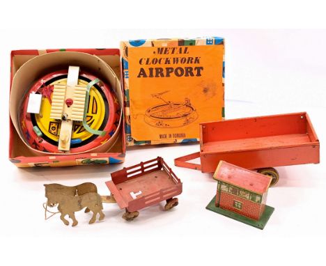 Tinplate mixed group including: (1) Clockwork Airport, made in Romania, within Fair Plus box, (2) Brimtoy signal box; (3) Mar