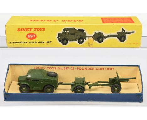 Dinky Toys 697 25pdr Field Gun Set - Artillery Tractor, Trailer and 25pdr Field Gun, military green bodies, Supertoy hubs and