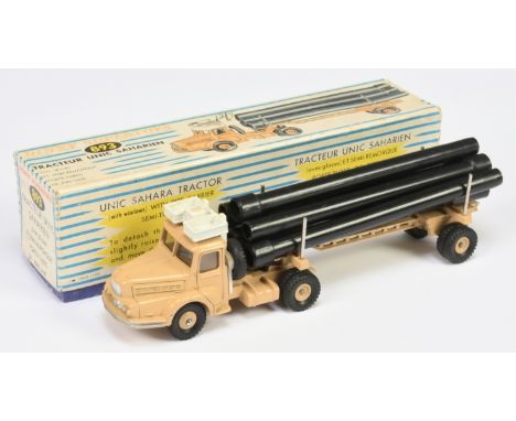 French Dinky Toys 893 Pipe Carrier - Beige cab, trailer, concave and convex hubs, white roof box with 6 X black plastic pipes