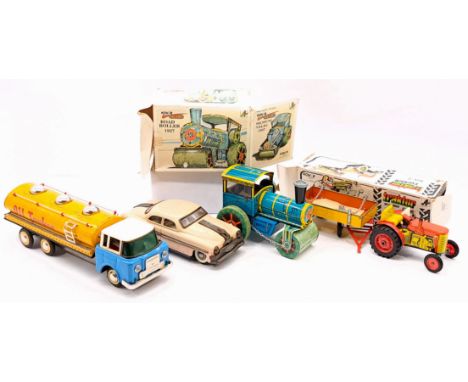 Tinplate vehicle group including: (1) Kovap Retro Road Roller, within Fair Plus box; (2) Kovap Tractor and Trailer, within Fa