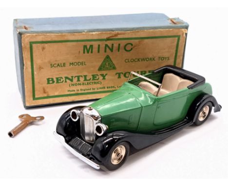 Triang Minic Pre War Bentley Tourer 37M, tinplate, clockwork, green, black running boards, within Fair Plus to Good box, ligh
