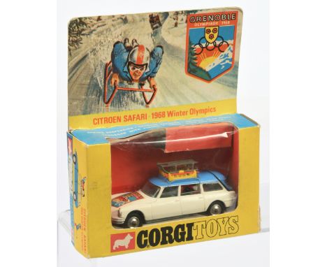 Corgi Toys 499 Citroen Safari "Grenoble Winter Olympics" - White body, blue roof, silver trim, spun hubs, yellow roof rack wi