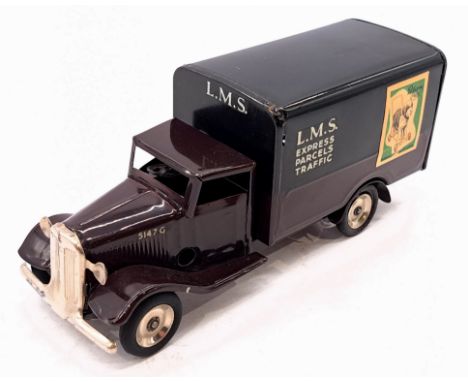 Triang Minic Post War LMS Railway Van 80M, tinplate, clockwork, dark maroon and black, some light age related wear otherwise 
