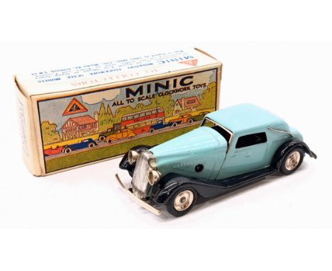 Triang Minic Post War Vauxhall Cabriolet 19M, tinplate, clockwork, light blue, black runners. within Good to Good Plus box, t