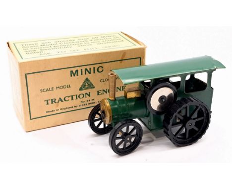 Triang Minic Post War Traction Engine 44M, tinplate, clockwork, green, within Good Plus box, chips to paint otherwise Good.