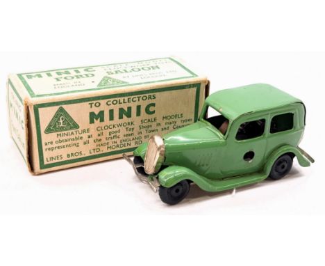 Triang Minic Post War Ford Saloon 1M, tinplate, clockwork, light green, Good, within Good Plus box.