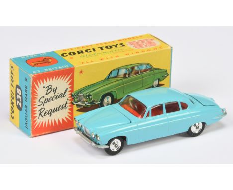 Corgi Toys 238 Jaguar Mark X Saloon - Light Blue, red interior, silver interior, spun hubs, large luggage case only. Conditio