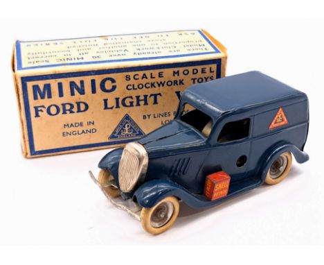 Triang Minic Pre War Ford Light Van 2M, tinplate, clockwork, blue, within Good box, light age related wear (chip to back bump
