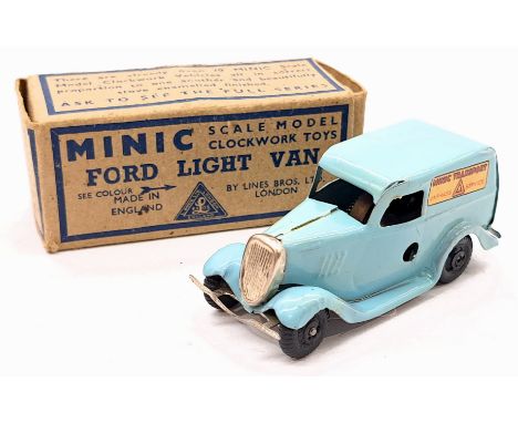 Triang Minic Post War Ford Light Van 2M, tinplate, clockwork, light blue, Good to Good Plus, within Good Plus to Excellent bo