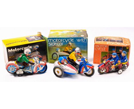 Chinese made tinplate motorcycle trio, modern issue clockwork and friction powered, within Good boxes; Good; (3).