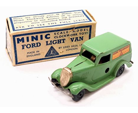 Triang Minic Post War Ford Light Van 2M, tinplate, clockwork, light green, some retouches to paint otherwise Good to Good Plu