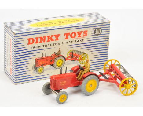 Dinky Toys 310 Farm Tractor Set to include Massey Harris Tractor - red, yellow metal wheels, black chimney stack, light tan f