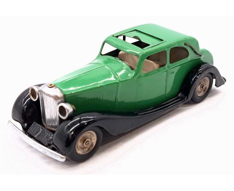 Triang Minic Pre War Bentley Sunshine Saloon 45M, tinplate, clockwork, green, black running boards, light age related wear ot