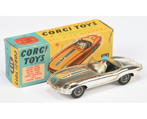 Corgi Toys 312 Jaguar Type E "Competition Model" - Chrome plated body, black interior with figure, wire wheels, blue and whit