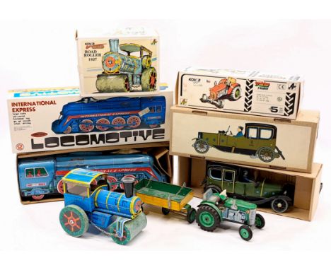 Tinplate boxed vehicle group x four including: (1) Kovap Road Roller; (2) Kovap Tractor and Trailer; (3) Paya Limousine; (4) 