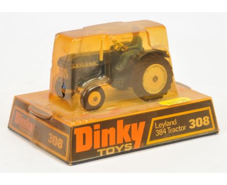 Dinky Toys 308 Leyland 384 Tractor - blue, white hubs (plastic to front), metal tow hook, plastic figure driver and chimney s