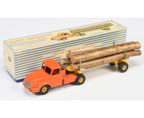 French Dinky 897 Tracteur Willeme - orange tractor unit with yellow concave hubs, silver trim, yellow trailer with concave hu