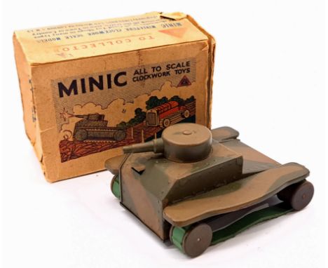 Triang Minic Pre War Army Tank 20MCF, tinplate, clockwork, green/brown camouflage livery, within Fair Box, light age related 
