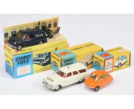 Corgi Toys group for Vehicles comprising of (1) 448 Austin Mini "Police" Van - Blue body, red interior, silver trim, spun hub