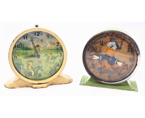 Novelty alarm clock pair including: (1) Smiths Cowboy clock; (2) Disney Donald Duck clock, replacement clock face; both have 