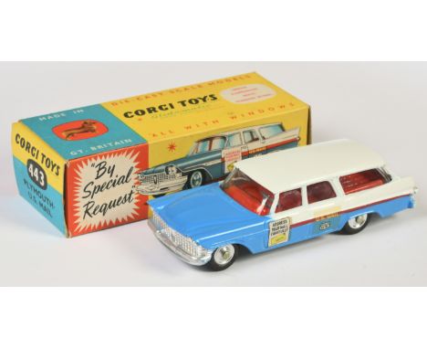 Corgi Toys 443 Plymouth Sports Suburban Station Wagon "US Mail" - two-tone blue and white with red side flashes and interior,
