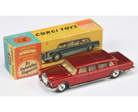 Corgi Toys 247 Mercedes 600 Pullman - Maroon body, ivory interior, chrome trim and spun hubs. Condition is Excellent Plus sti