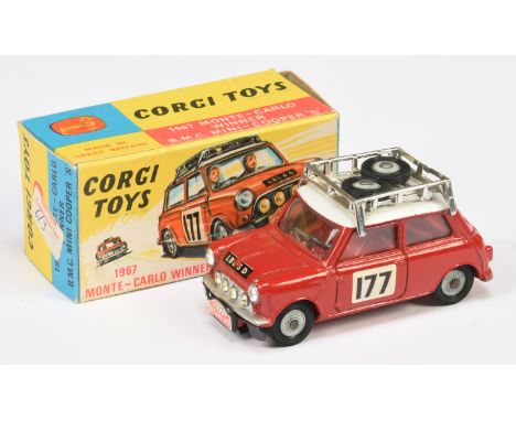 Corgi Toys 339 BMC Mini Cooper S "Rallye Monte Carlo" - Red body and interior, white roof with chrome rack and spare cast hub