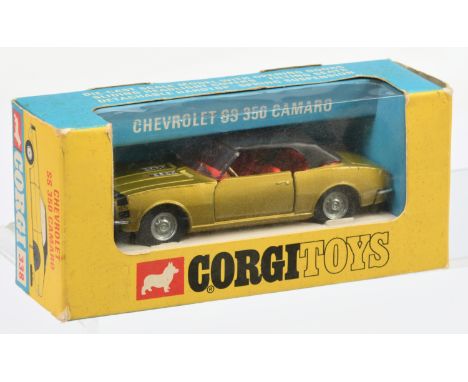 Corgi Toys 338 Chevrolet SS 350 Camaro - Metallic gold body, red interior, golden jacks take-off wheels. Condition is Excelle