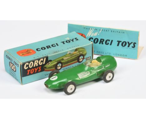 Corgi Toys 150 Vanwall Formula 1 "Grand Prix" Racing car - green body, pale yellow interior, silver trim, Flat spun hubs, rac