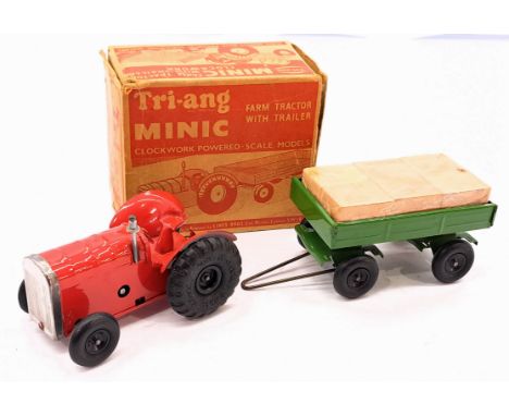 Triang Minic Post War Tractor with Trailer 83M, tinplate, clockwork, red and green, wooden load, within Good box, Good Plus t